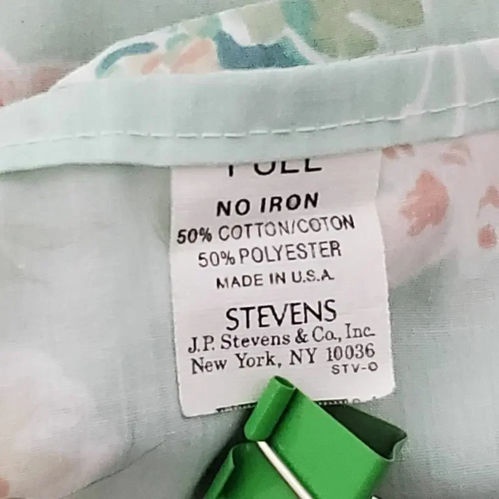 Vintage J.P. Stevens Full Flat Sheet 1970s Green Floral No Iron USA 78 x 100